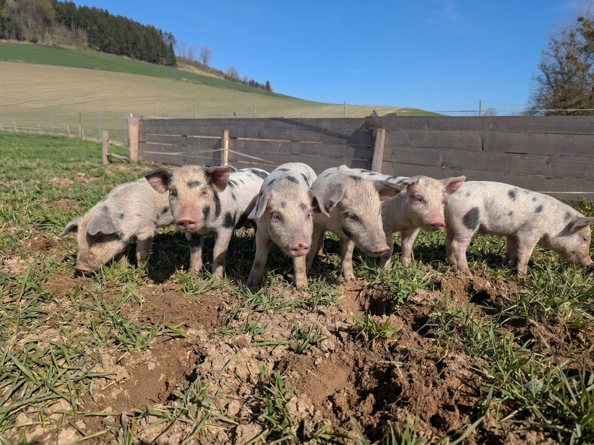 Freilandschweine auf einer grünen Weide am Leithnerhof im Morgenlicht